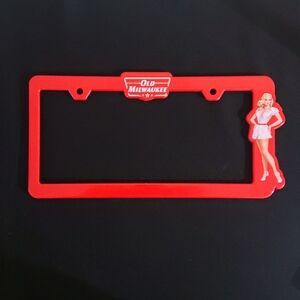 Old Milwaukee Beer Red License Plate Frame with Pin Up Lady - Car, Truck, Van